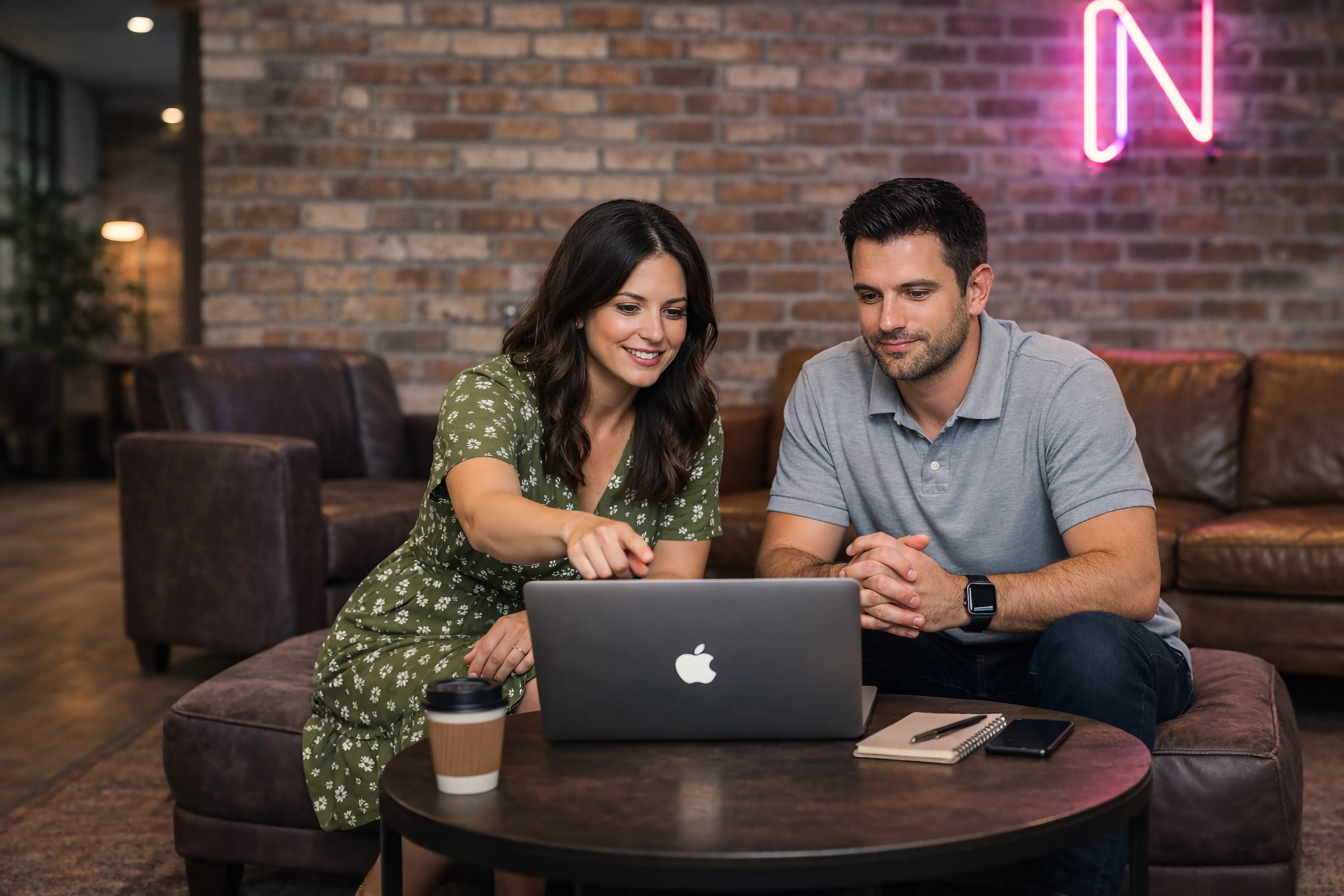 Team members brainstorming on an office couch