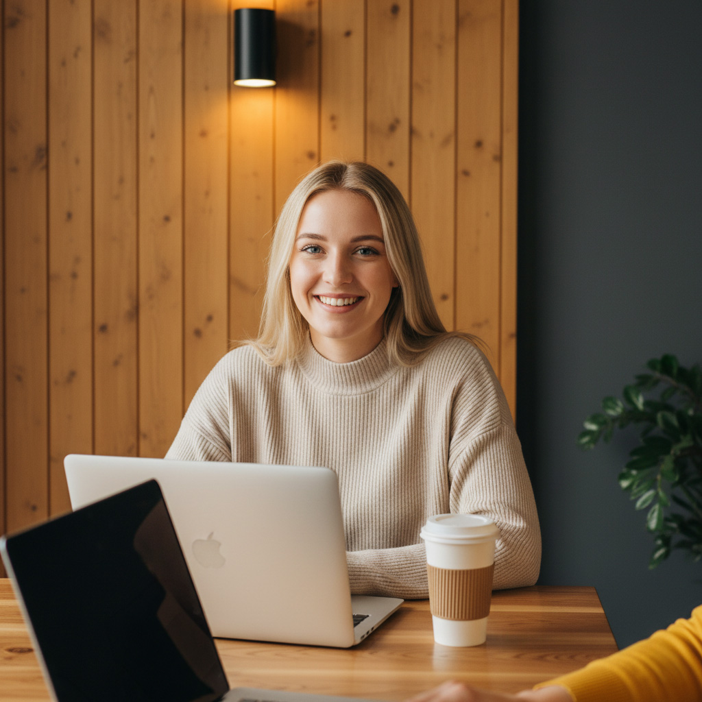 Woman with a coffee working on a laptop beside a wood slat wall
