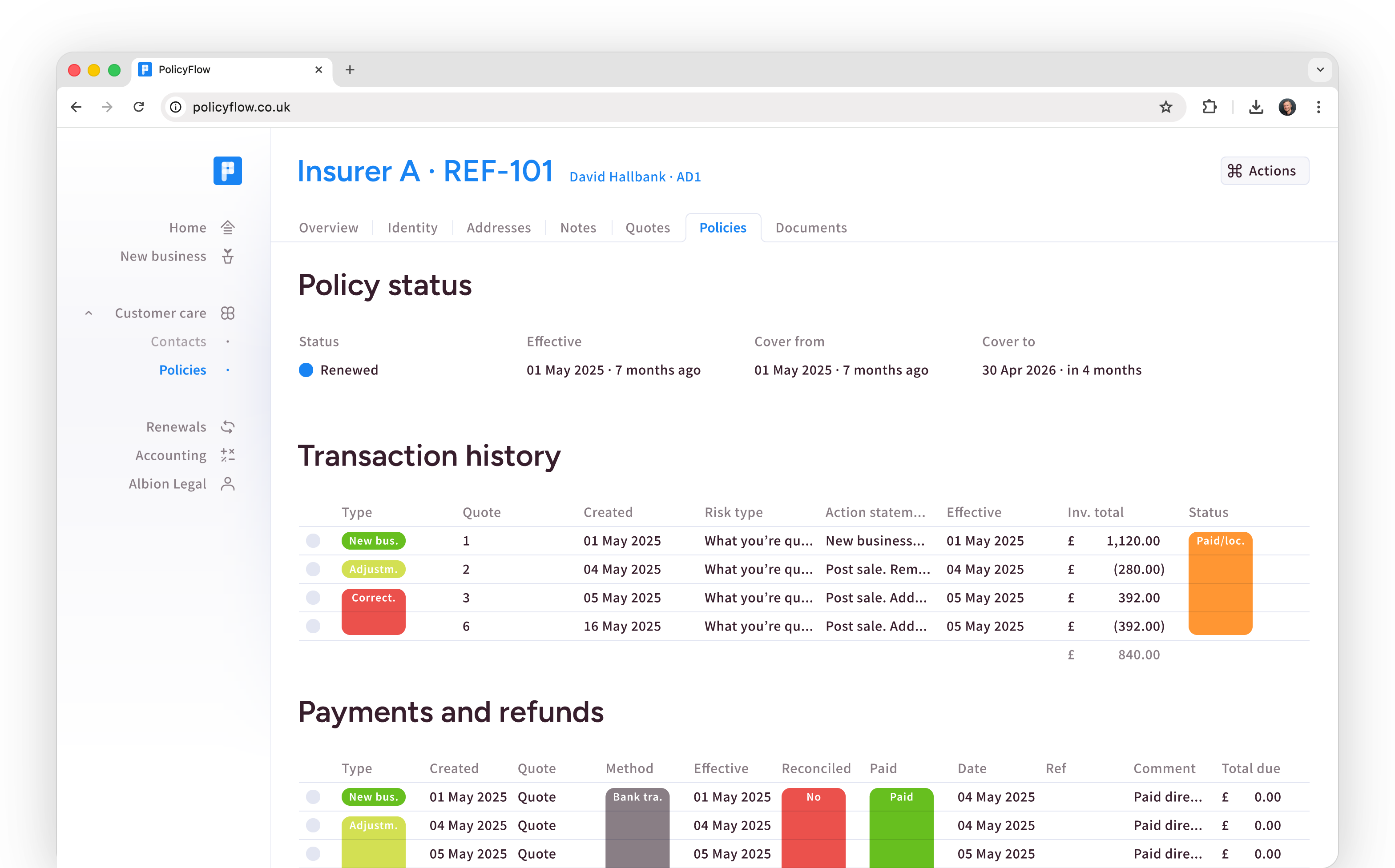 Policy record screenshot
