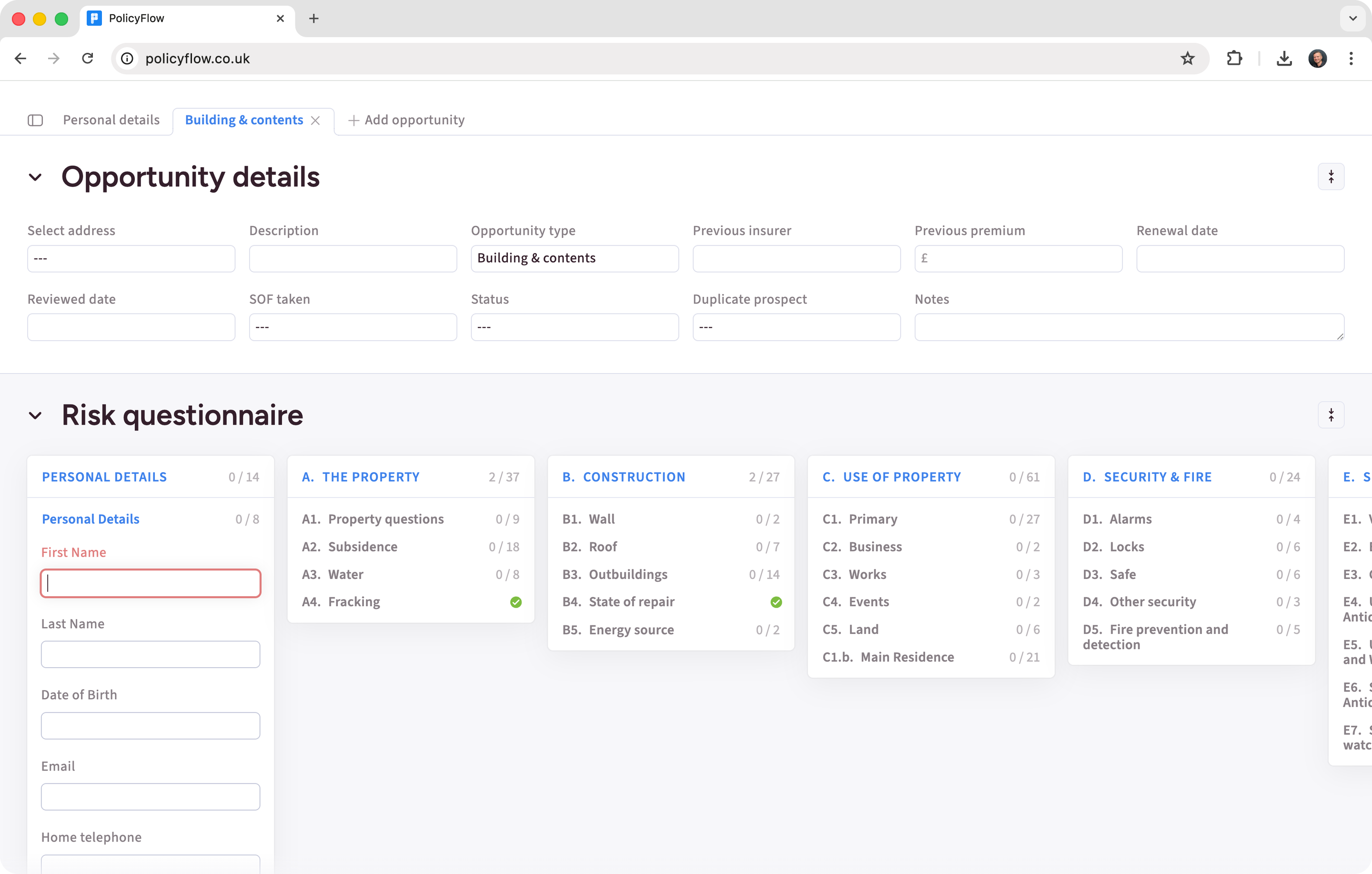 Risk capture form with expanded workflow sections