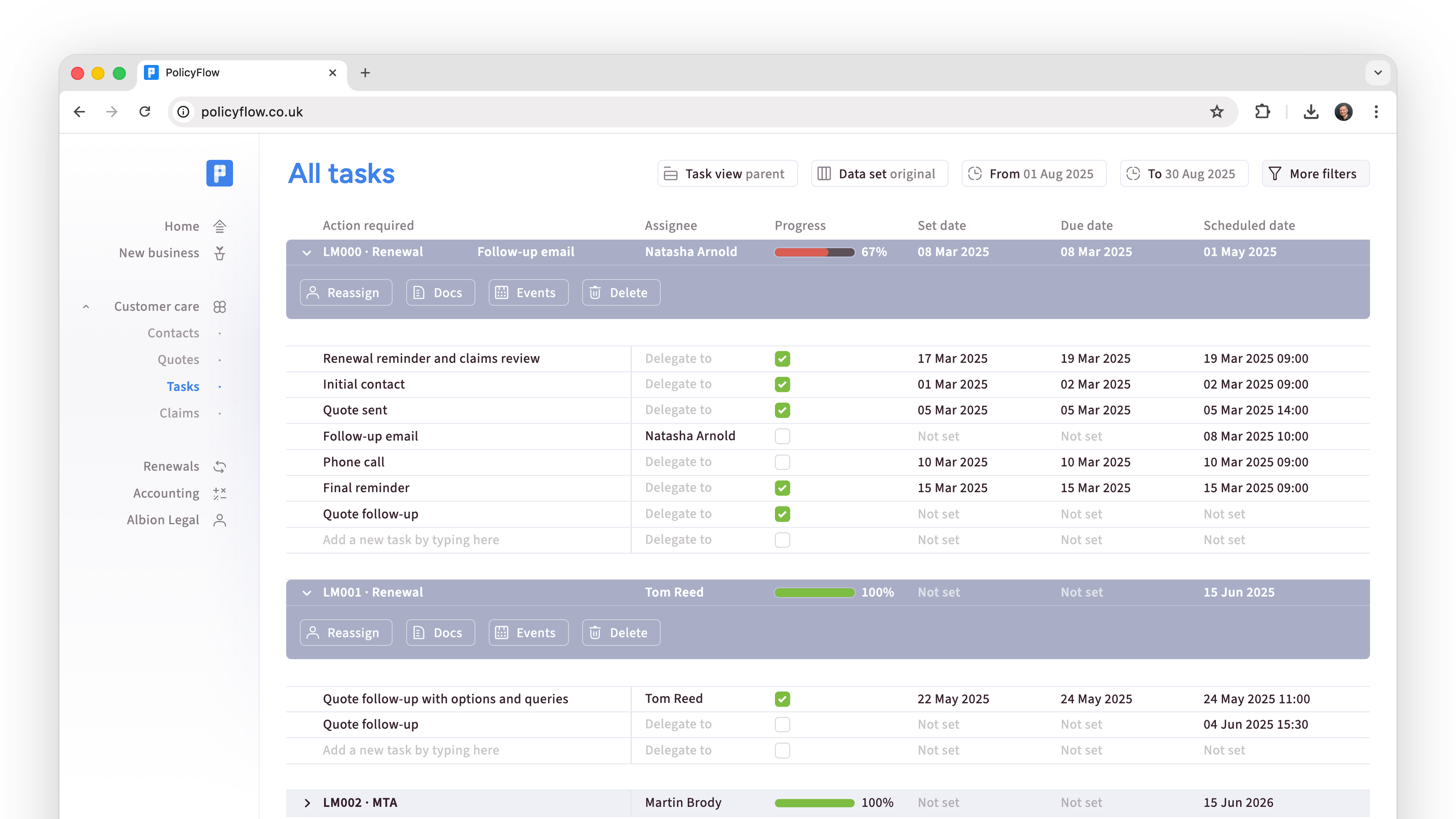 Task manager view with owners and actions